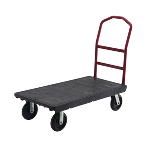 A black OEASY Platform Trolley (model RT4413-BLACK) featuring a sturdy reinforced platform, ergonomic handle, and 200mm TPR castors, designed for high-capacity transport in warehouses, logistics centers, and industrial environments. A black OEASY Platform Trolley (model RT4413-BLACK) featuring a sturdy reinforced platform, ergonomic handle, and 200mm TPR castors, designed for high-capacity transport in warehouses, logistics centers, and industrial environments.