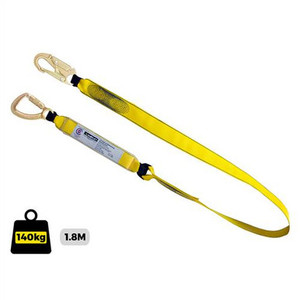 A durable Lanyard Single Webbing (915060) featuring a robust webbing strap, double action snap hook, and triple action hook—engineered for secure attachment and reliable fall protection in industrial settings. A durable Lanyard Single Webbing (915060) featuring a robust webbing strap, double action snap hook, and triple action hook—engineered for secure attachment and reliable fall protection in industrial settings.