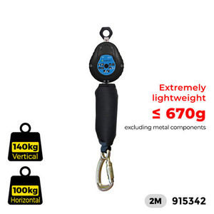 A robust Inertia Reel (915342) featuring 2M sharp edge-resistant webbing, a steel triple lock snap hook with a 20mm gate opening, and a durable housing—designed for secure fall protection in industrial environments.