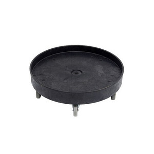 A black universal plastic drum dolly designed to hold 205L barrels, featuring a durable plastic frame with four swivel castors and a raised rim for secure and easy drum movement in industrial settings. A black universal plastic drum dolly designed to hold 205L barrels, featuring a durable plastic frame with four swivel castors and a raised rim for secure and easy drum movement in industrial settings.