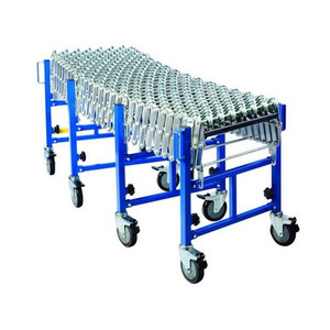 A heavy-duty expandable skate wheel conveyor with a steel frame, multiple rows of skate wheels, and lockable swivel castors, ideal for moving boxes and cartons in warehouses and production facilities. A heavy-duty expandable skate wheel conveyor with a steel frame, multiple rows of skate wheels, and lockable swivel castors, ideal for moving boxes and cartons in warehouses and production facilities.