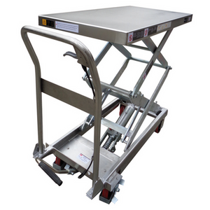 A manual scissor lift table with a 350kg capacity and stainless steel top, featuring a hydraulic foot pump and swivel castors, ideal for hygienic environments such as food processing, labs, and medical facilities. A manual scissor lift table with a 350kg capacity and stainless steel top, featuring a hydraulic foot pump and swivel castors, ideal for hygienic environments such as food processing, labs, and medical facilities.