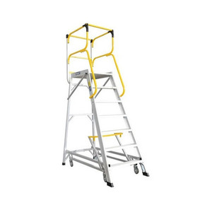 A 7-step Bailey deluxe order picker ladder with a 1.93m platform height, featuring a welded steel frame, wide anti-slip steps, safety handrails, and rear wheels for easy movement and secure use in industrial settings.