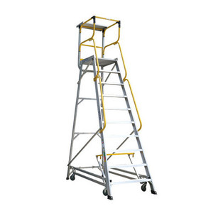 A 10-step Bailey order picker ladder with a 2.76m platform height, featuring a fully welded frame, safety rails, anti-slip steps, and rear wheels, built for efficient and safe high-level stock picking. A 10-step Bailey order picker ladder with a 2.76m platform height, featuring a fully welded frame, safety rails, anti-slip steps, and rear wheels, built for efficient and safe high-level stock picking.
