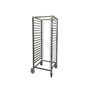 A stainless steel gastronorm racking trolley with 18 tray slots, featuring an open-sided frame, smooth swivel castors, and brake locks, ideal for food handling in commercial kitchens and catering operations. A stainless steel gastronorm racking trolley with 18 tray slots, featuring an open-sided frame, smooth swivel castors, and brake locks, ideal for food handling in commercial kitchens and catering operations.