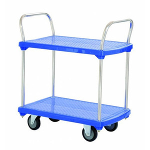 A 250kg rated two-tier trolley with a double-handle design, featuring non-slip platforms, durable steel frame, and swivel castors, ideal for transporting goods in commercial, healthcare, and warehouse settings. A 250kg rated two-tier trolley with a double-handle design, featuring non-slip platforms, durable steel frame, and swivel castors, ideal for transporting goods in commercial, healthcare, and warehouse settings.