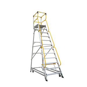 A 12-step Bailey deluxe order picker ladder with a 3.31m platform height, featuring a heavy-duty welded steel frame, anti-slip steps, safety handrails, and rear wheels, perfect for high-reach warehouse and retail applications.