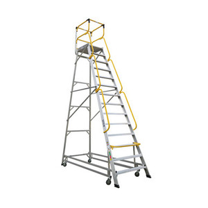 A 14-step Bailey order picker ladder with a 3.86m high platform, featuring a fully welded steel frame, anti-slip steps, safety handrails, and rear wheels, ideal for high-level stock access in warehouse and retail operations.