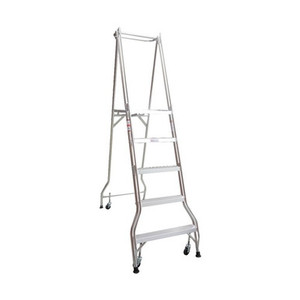 A 5-step Monstar platform ladder with a 1.41m high platform, featuring a steel frame, anti-slip steps, handrails, and rear wheels, ideal for high-access tasks in warehouse and retail environments. A 5-step Monstar platform ladder with a 1.41m high platform, featuring a steel frame, anti-slip steps, handrails, and rear wheels, ideal for high-access tasks in warehouse and retail environments.
