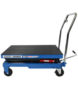 A heavy-duty 500kg high lift scissor trolley featuring a hydraulic foot pump, extended lift height capability, reinforced steel platform, and durable castor wheels, ideal for elevated load handling in workshops and industrial environments.
