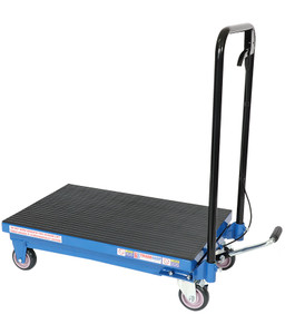 A compact 225kg scissor lift trolley with hydraulic foot pump, durable steel platform, and swivel castor wheels, ideal for lifting and transporting lighter loads in workshops, warehouses, and retail spaces.