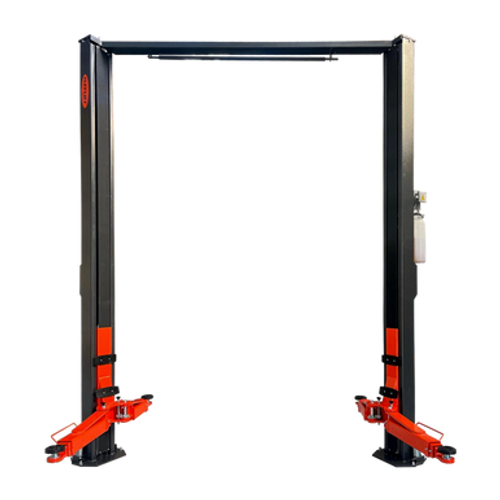 High-quality image of a Two Post Clear Floor Hoist (EE-6215EKZ) with a 5,000KG capacity, featuring asymmetric columns, an electrical release system, and a heavy-duty steel frame for professional workshops. High-quality image of a Two Post Clear Floor Hoist (EE-6215EKZ) with a 5,000KG capacity, featuring asymmetric columns, an electrical release system, and a heavy-duty steel frame for professional workshops.