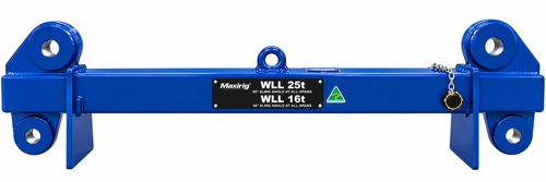 Maxirig telescopic spreader beam with adjustable 2–3m span, rated to 25T at 60° and 16T at 90° included sling angles.