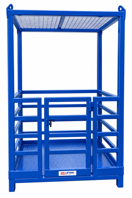 Maxirig three-person crane workbox with roof, access gate and internal handrails, rated to 350kg including occupants, tools and materials.