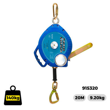 A robust Inertia Reel Recovery (915320) featuring a 20-meter wire rope, automatic braking system, and manual recovery handle—designed for fall arrest and rescue operations in industrial environments.