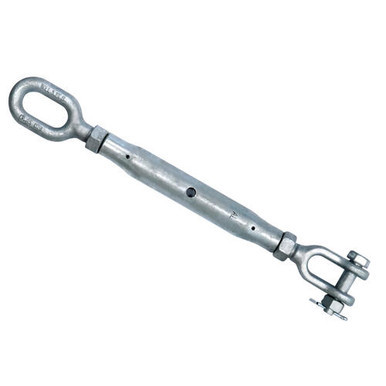 A Rigging Screw Grade S Eye/Jaw 27mm with galvanised finish, featuring one eye end and one clevis jaw—designed for secure and adjustable high-load tensioning in structural, marine, and construction settings.