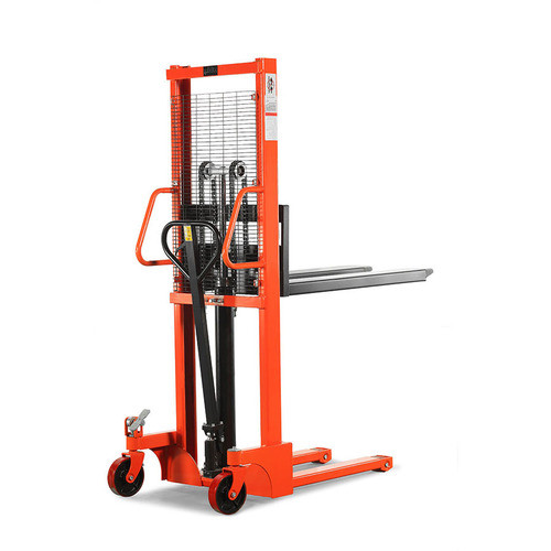 A 1500KG vertical manual hand walkie stacker (model SFH15) featuring a robust steel frame, hydraulic lifting system, and ergonomic handle, designed for efficient pallet handling in warehouses, logistics centers, and industrial workspaces.