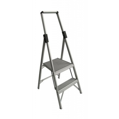 A 120KG rated Indalex 2-step slimline platform ladder (model TRDP5-2) featuring a lightweight aluminum frame, slip-resistant steps, and a 0.6m platform height, designed for safe and stable elevated access in homes, offices, warehouses, and retail environments.