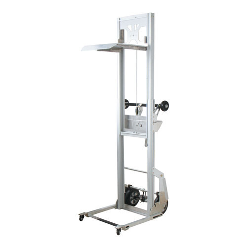 A 90KG mini aluminium hand stacker lifter trolley (model DEP90) featuring a lightweight yet strong aluminium frame, ergonomic handle, compact design, and smooth hand winch lift system, ideal for lifting and transporting small loads in warehouses, offices, and retail environments.