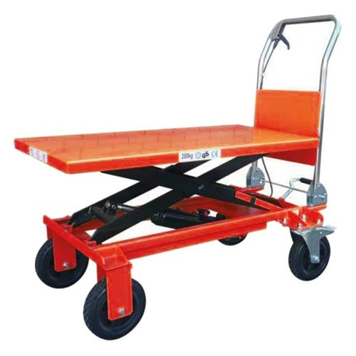 A 200KG rough terrain scissor lift table (model TF200) featuring a reinforced steel frame, manual hydraulic lift system, large pneumatic wheels, and ergonomic handle, designed for lifting and transporting heavy loads across uneven surfaces in construction and industrial environments.
