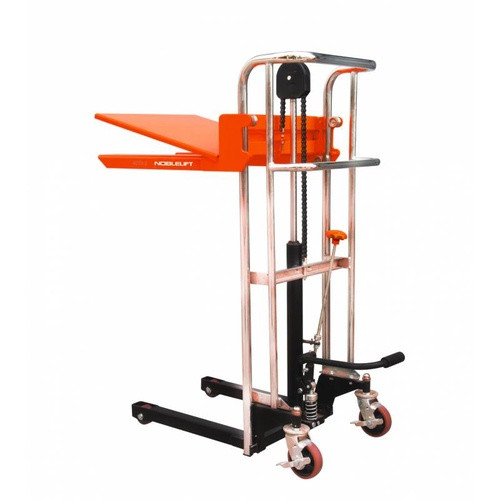 A 400KG fork & platform stacker lifter (model FP0415F) featuring a reinforced steel frame, manual hydraulic lift system, ergonomic handle, and dual fork-platform functionality, designed for efficient material handling in warehouses, logistics centers, and industrial workspaces.