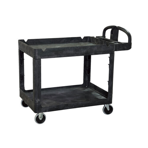 A black Bitbar 2 Shelf Utility Cart featuring a heavy-duty plastic frame, two spacious storage shelves, an ergonomic handle, and smooth-rolling swivel castors, designed for efficient transport and organization in commercial and industrial environments.