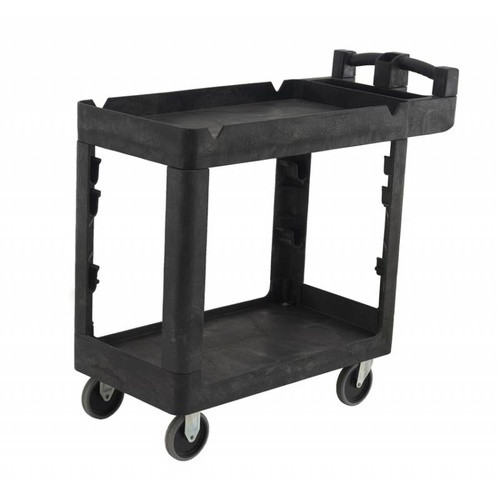 A black Bitbar 2 Shelf Utility Cart (model RT4044-BLK) featuring a heavy-duty plastic frame, two spacious storage shelves, an ergonomic handle, and smooth-rolling swivel castors, designed for efficient transport and organization in commercial and industrial environments.