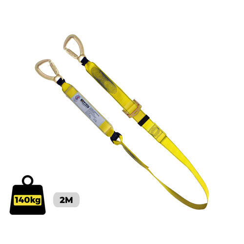 A robust Lanyard Single Adjustable (916110) featuring an adjustable webbing strap with triple action hooks at both ends—engineered for secure fall protection and customizable length in industrial applications.