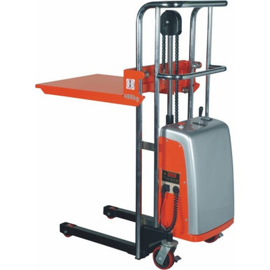 A 400KG rated electric platform stacker lifter (model EPS0415) featuring a reinforced steel frame, electric-powered lift system, spacious platform, user-friendly controls, and smooth-rolling castors, designed for efficient material handling in warehouses, factories, and logistics centers.