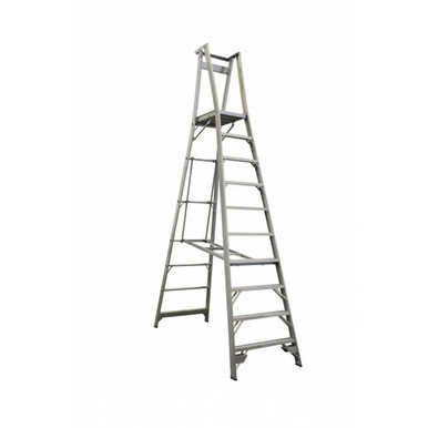 A 10-step Indalex platform ladder with a 3.0m platform height, constructed from fully welded aluminium, featuring anti-slip steps, handrails, and a wide work platform—ideal for industrial and trade applications at elevated heights.
