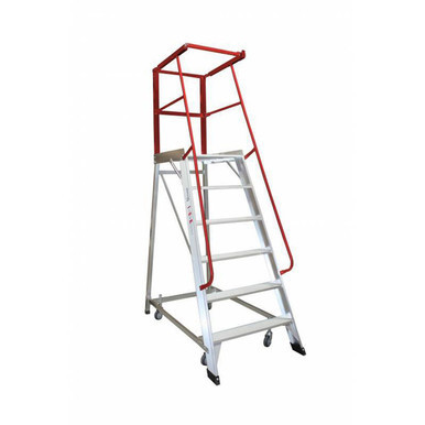 A 6-step industrial order picker ladder with a 1.66m platform height, featuring a strong steel frame, anti-slip steps, handrails, and rear wheels, designed for efficient and safe stock picking in warehouses and retail spaces.