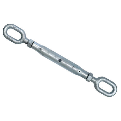 A Rigging Screw Grade S Eye/Eye 10mm with a galvanised finish and two eye ends—designed for secure and precise light-load tensioning in fencing, marine, and general rigging systems.