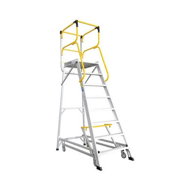 An 8-step Bailey deluxe order picker ladder with a 2.20m platform height, featuring a welded steel frame, safety handrails, anti-slip steps, and rear wheels, designed for safe and efficient stock picking in warehouse and commercial settings.