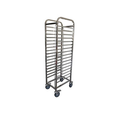 A stainless steel gastronorm racking trolley with 17 tray slots, swivel castors, and an open-sided frame, designed for efficient food handling and transport in commercial kitchens and catering environments.