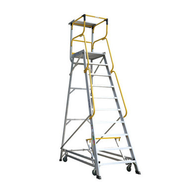 A 10-step Bailey order picker ladder with a 2.76m platform height, featuring a fully welded frame, safety rails, anti-slip steps, and rear wheels, built for efficient and safe high-level stock picking.