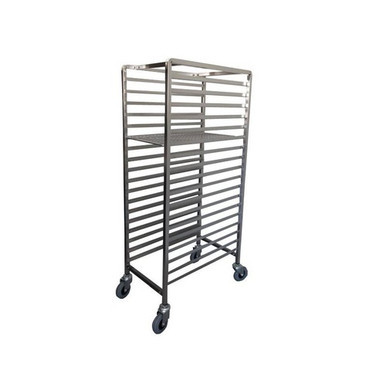 A mild steel pastry racking trolley with capacity for 18 trays, featuring an open-sided vertical frame and swivel castors, perfect for cooling, storing, or transporting baked goods in commercial kitchens and bakeries.