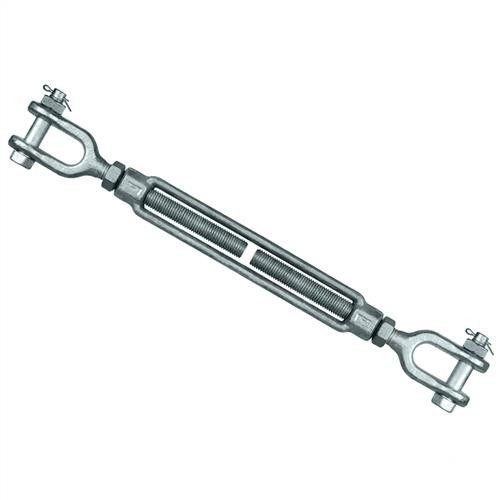 A Turnbuckle Grade P Jaw/Jaw 12mm (1/2"x6") with robust forged jaw ends and a 10mm clevis pin—designed for industrial-strength inline tensioning and rigging tasks.