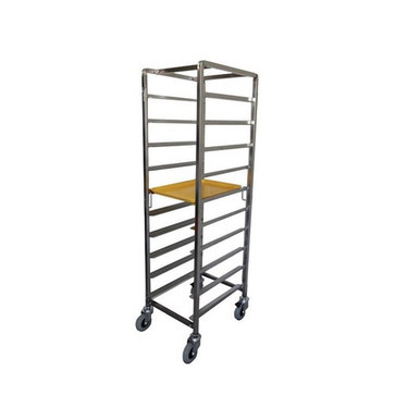 A 10-tray stainless steel breakfast trolley with an open frame and swivel castors, designed for efficient and hygienic tray transport in hospitals, aged care, and food service environments.