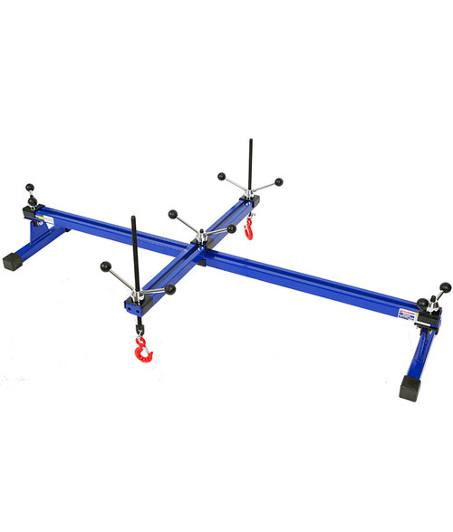A 2-way engine support bar (500kg capacity) with dual support hooks, rubber foot mounts, and fine-thread adjustment screws, designed for safe engine suspension during front-end mechanical work. A 2-way engine support bar (500kg capacity) with dual support hooks, rubber foot mounts, and fine-thread adjustment screws, designed for safe engine suspension during front-end mechanical work.