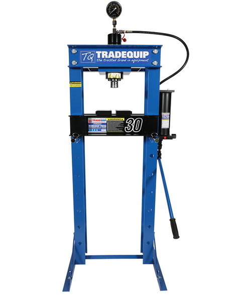 A 30,000kg (30 Tonne) hydraulic shop press featuring a remote hydraulic ram and hand pump system, with an adjustable steel bed and reinforced frame, ideal for precision industrial pressing tasks. A 30,000kg (30 Tonne) hydraulic shop press featuring a remote hydraulic ram and hand pump system, with an adjustable steel bed and reinforced frame, ideal for precision industrial pressing tasks.