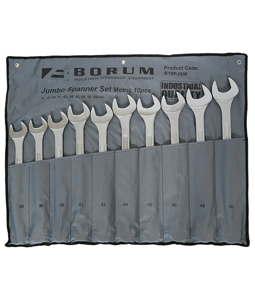 A 10-piece jumbo spanner set in large metric sizes, featuring high-strength open-end spanners with long handles and a durable steel finish—ideal for industrial, mechanical, and heavy equipment applications. A 10-piece jumbo spanner set in large metric sizes, featuring high-strength open-end spanners with long handles and a durable steel finish—ideal for industrial, mechanical, and heavy equipment applications.