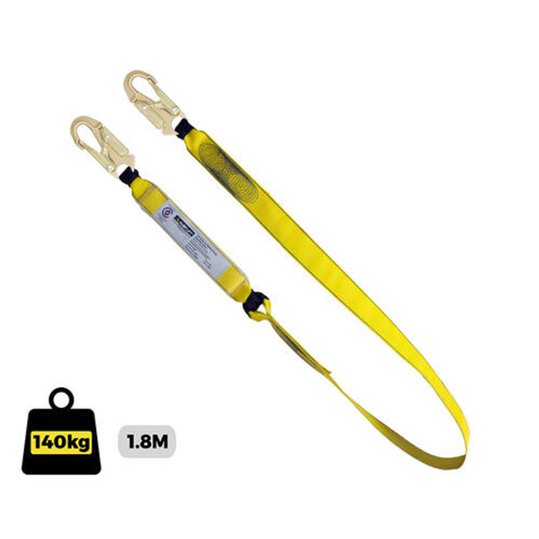 Fall Arrest webbing Lanyard.1.8m with shock absorber and double action snap hook each end. Certified to AS/NZS 1891.1; Austlift 915050