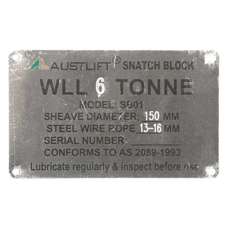 Data Plate for Snatch Block 4T(115mm); Austlift 003662SP