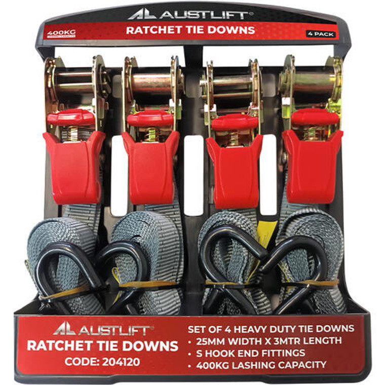 Ratchet Tie Down Heavy Duty 4 Pack 25mmx3M with S Hook LC400KG; Austlift 214120