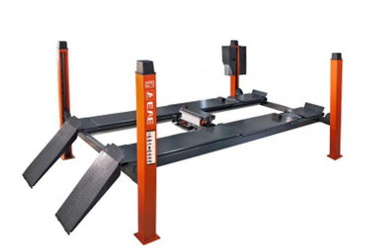 High-quality image of a Four Post Wheel Alignment Hoist (EE-6435V2.B.48L.40T) with a 4,000KG capacity, featuring wheel alignment-optimized runways, a hydraulic lifting system, and integrated alignment slots for professional workshops.