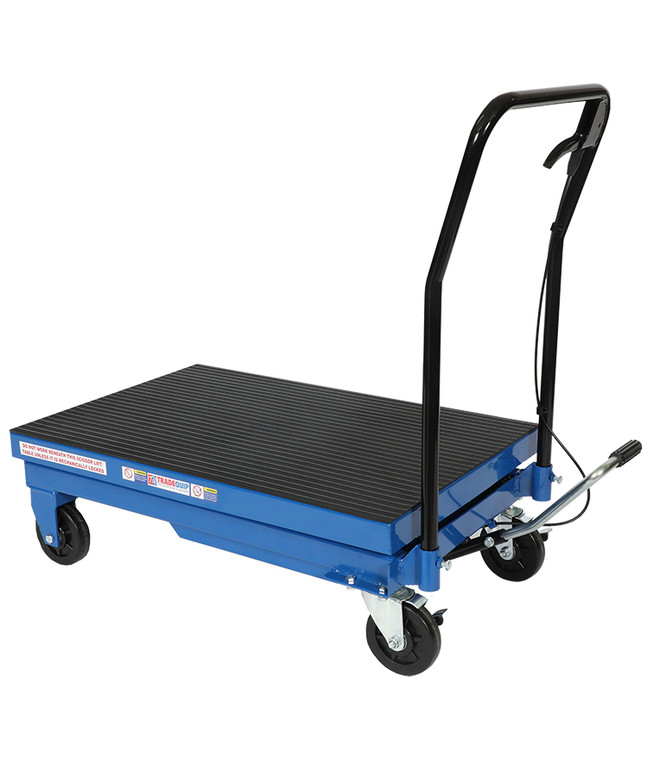 A heavy-duty 500kg scissor lift trolley featuring a robust steel platform, hydraulic foot pump, and durable castor wheels, ideal for lifting and moving heavy loads in workshops, warehouses, and industrial facilities.