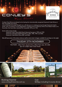 Conley's Fine Wines presents Greenock Creek Winery dinner @ The Point Albert Park, Melbourne November 27, 2014