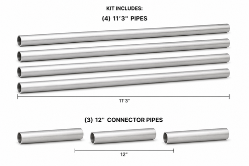Complete aluminum roll pipe kit for rail tarp systems including pipe sections and connectors.