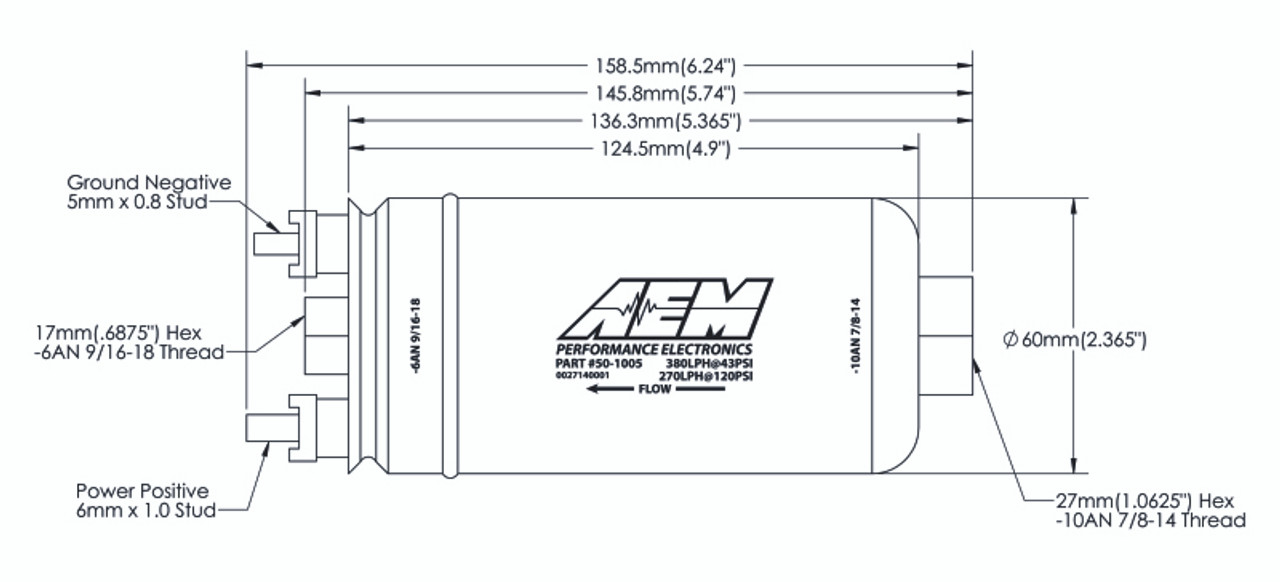 AEM 380LPH High Pressure Fuel Pump -6AN Female Out, -10AN Female In - 50-1005 Technical Drawing