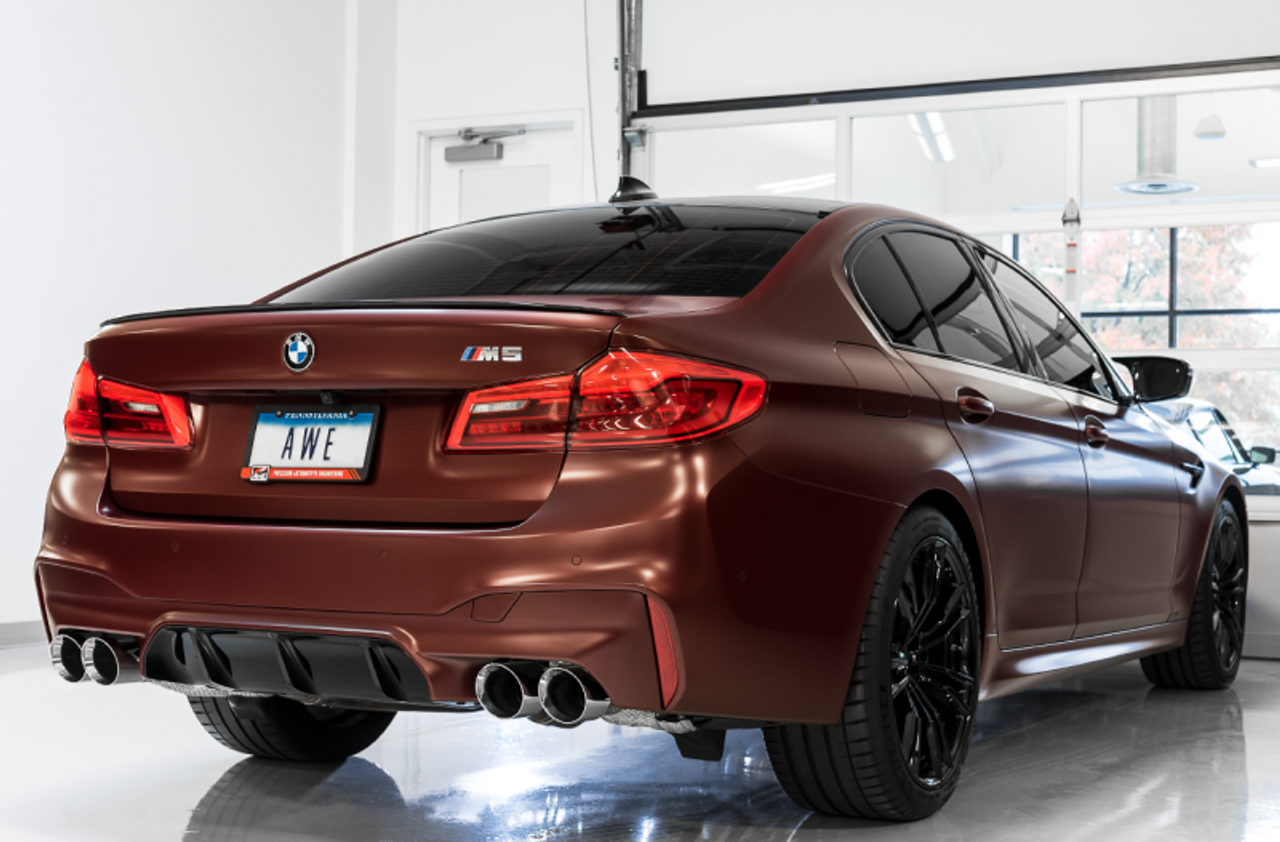 AWE Tuning 18-19 BMW F90 M5 SwitchPatch Cat-Back Exhaust- Black Diamond Tips - 3025-43066 Photo - Mounted